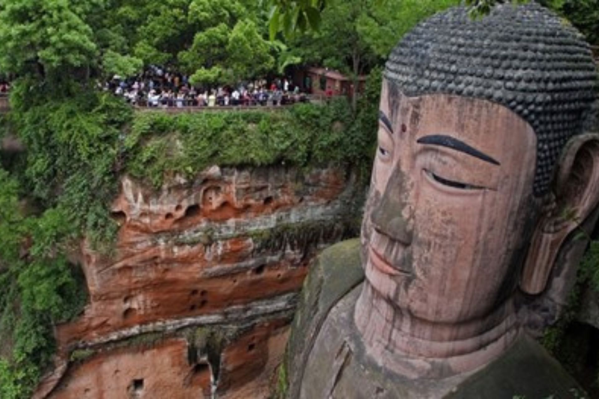 Cabeza de Buda y un fondo de árboles y gente