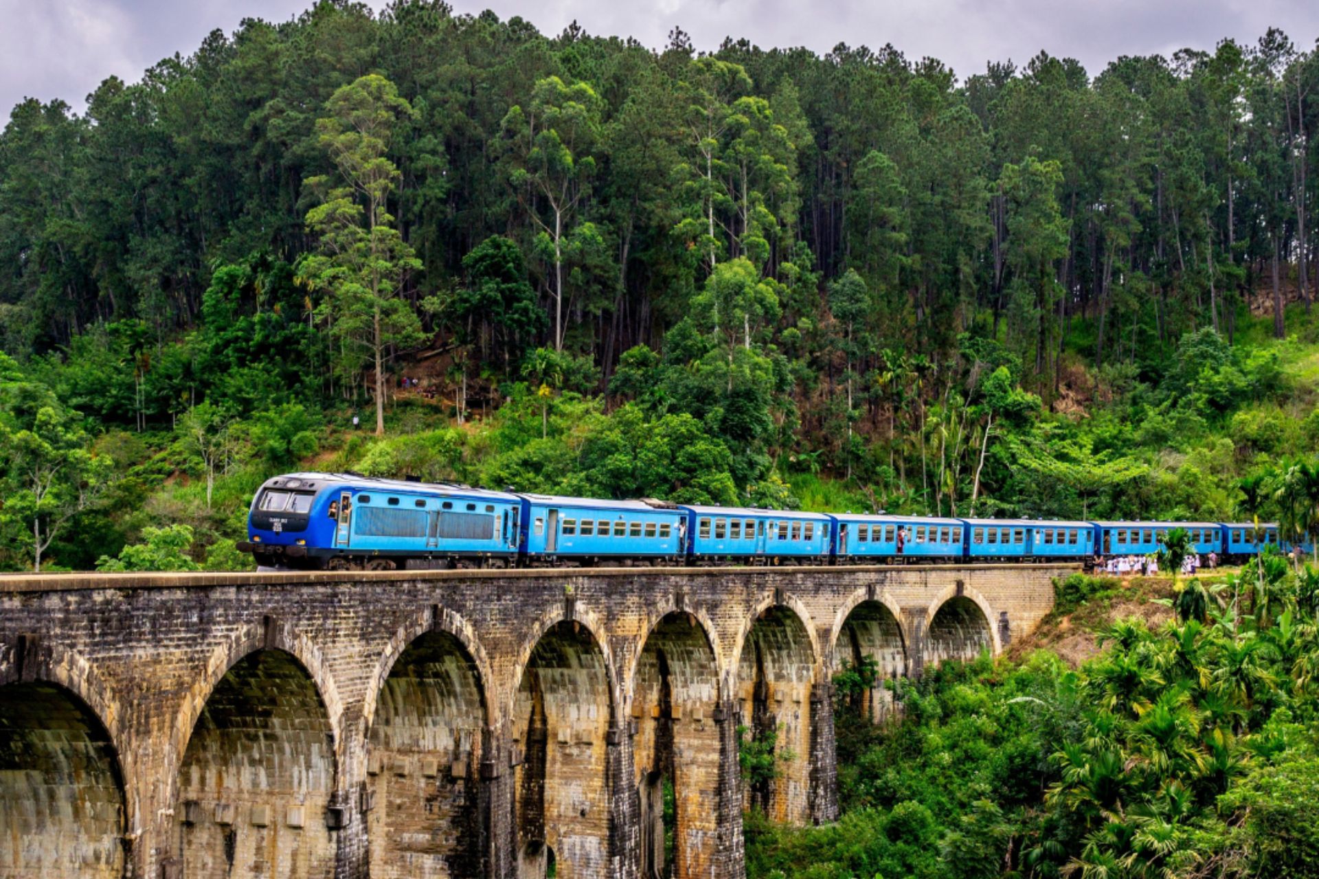 Tren azul sobre puente de piedra y bosque detrás