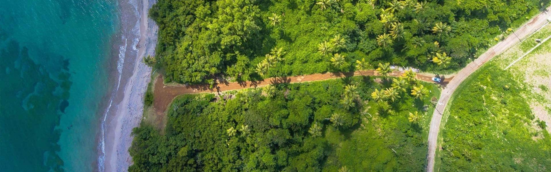 Vista aérea de un camino que atraviesa la selva hasta el mar