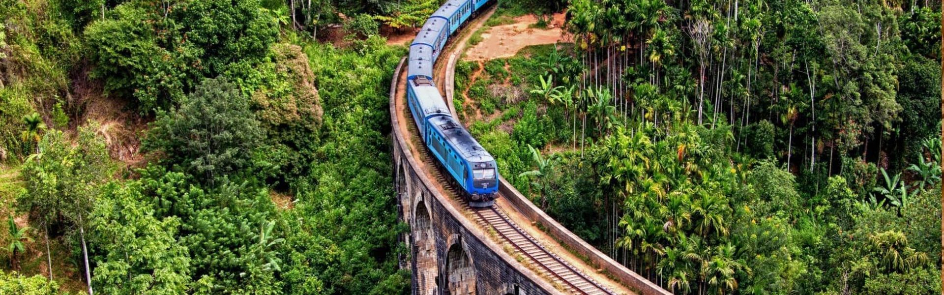 Vista aérea de un tren cruzando un puente entre la vegetación en Sri Lanka